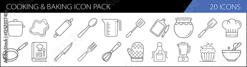 Cooking and Baking Icon Pack Collection - A collection of 20 simple icons featuring kitchen tools and baking items like rolling pins, spoons, bowls, and cupcakes.

