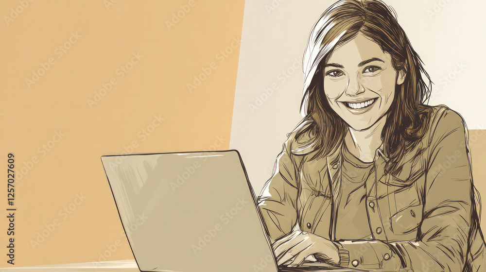 Fototapeta premium illustration simple line drawing A Woman smiling while working with laptop.