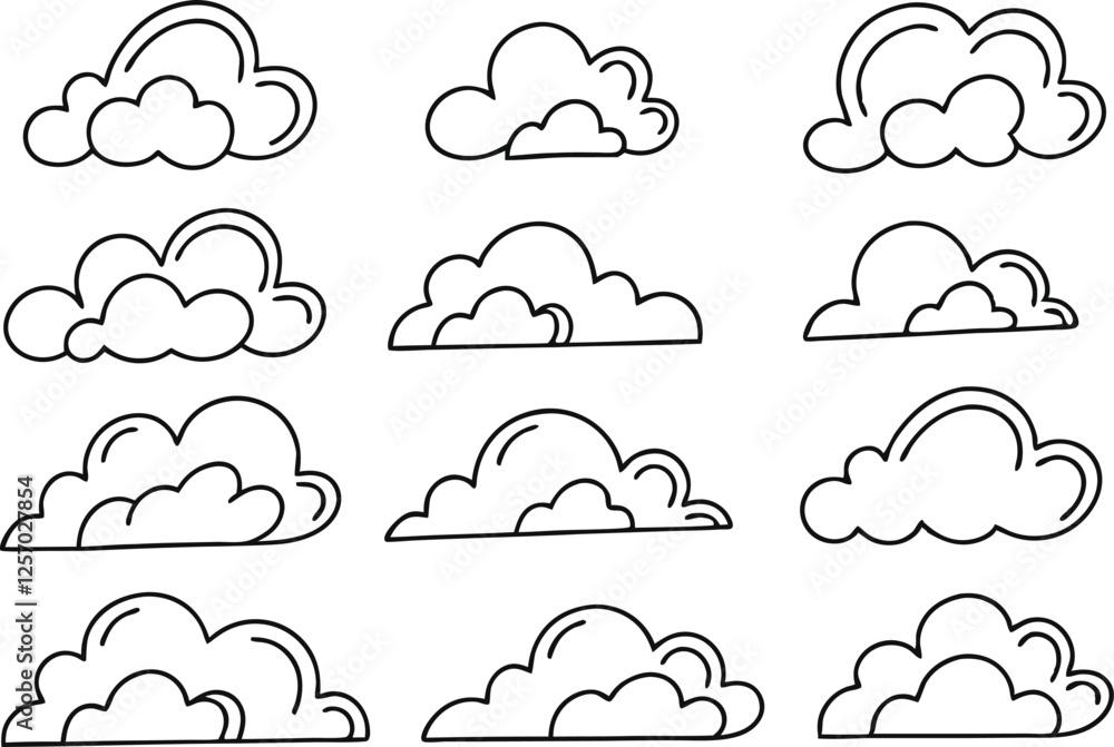 Obraz premium Twelve Simple Line Drawings of Fluffy White Clouds