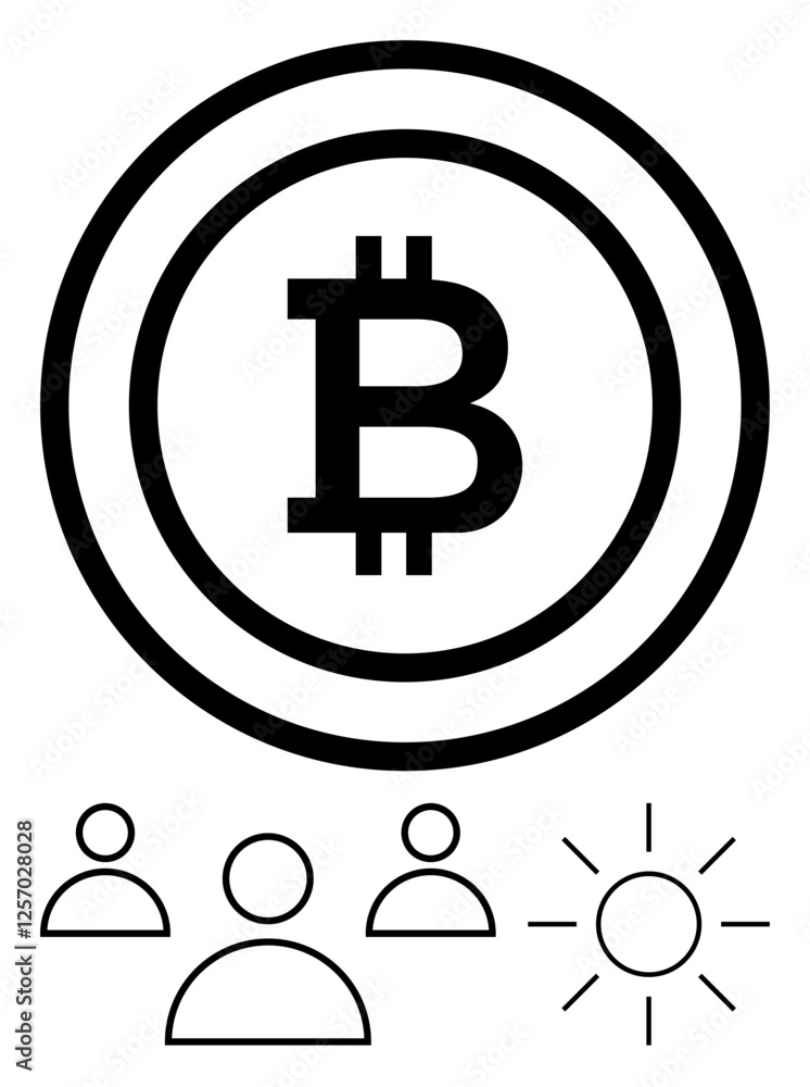 Bitcoin logo inside circles, three abstract people icons, and a sun image below. Ideal for blockchain technology, digital currency, decentralized systems, teamwork, innovation, future finance Bitcoin logo inside circles, three abstract people icons, and a sun image below. Ideal for blockchain technology, digital currency, decentralized systems, teamwork, innovation, future finance