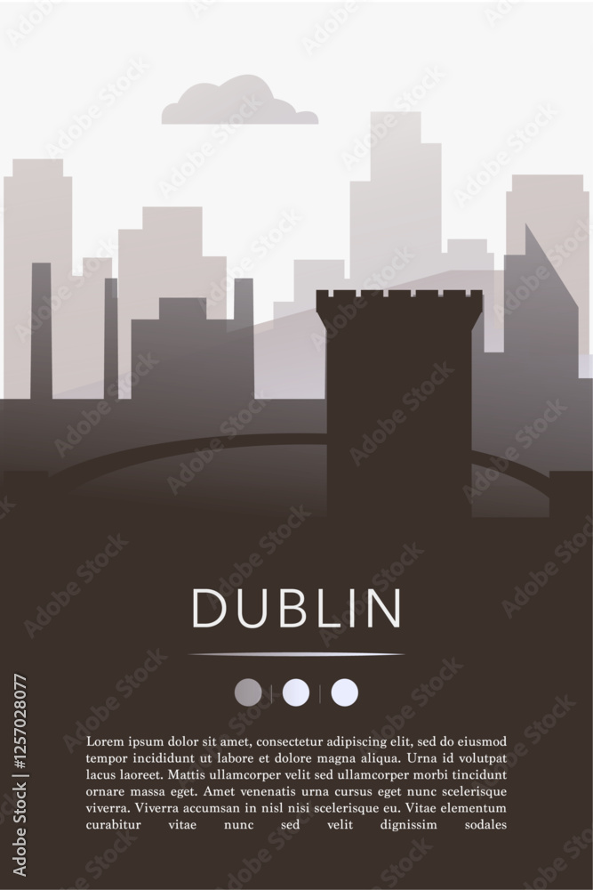 Naklejka premium Dublin city template for website, presentation, front page, invitation, publication sheet with skyline, landmarks. Vector Ireland image layout, simple and grayscale