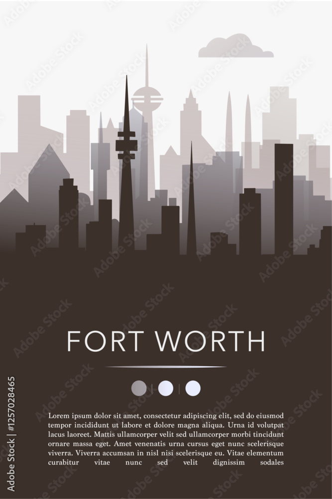 Fototapeta premium Fort Worth city template for website, presentation, front page, invitation, publication sheet with skyline, landmarks. Vector Texas, USA image layout, simple and grayscale