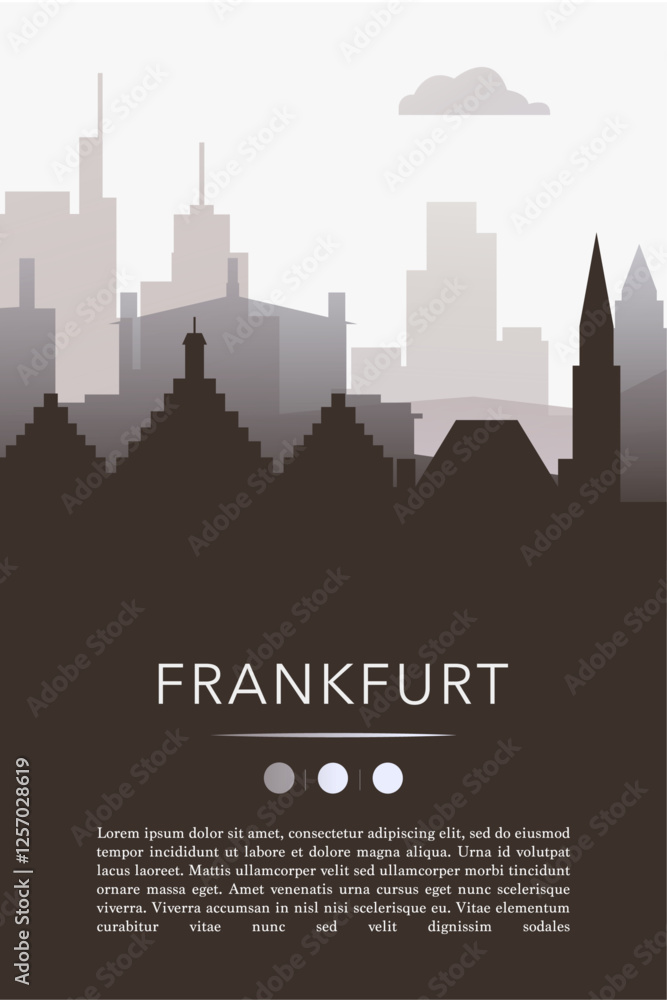 Naklejka premium Frankfurt city template for website, presentation, front page, invitation, publication sheet with skyline, landmarks. Vector Germany image layout, simple and grayscale