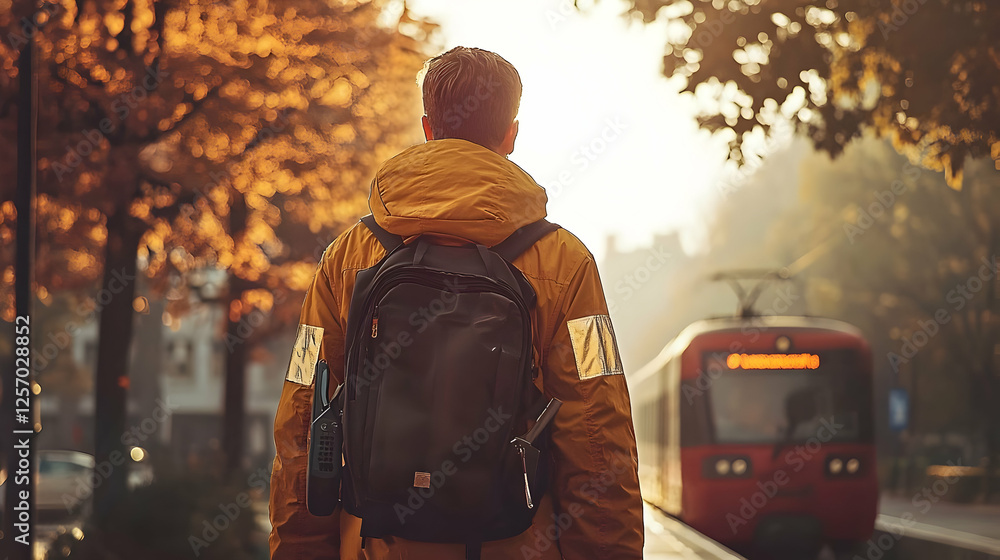 Man waits for train, autumn city commute Man waits for train, autumn city commute