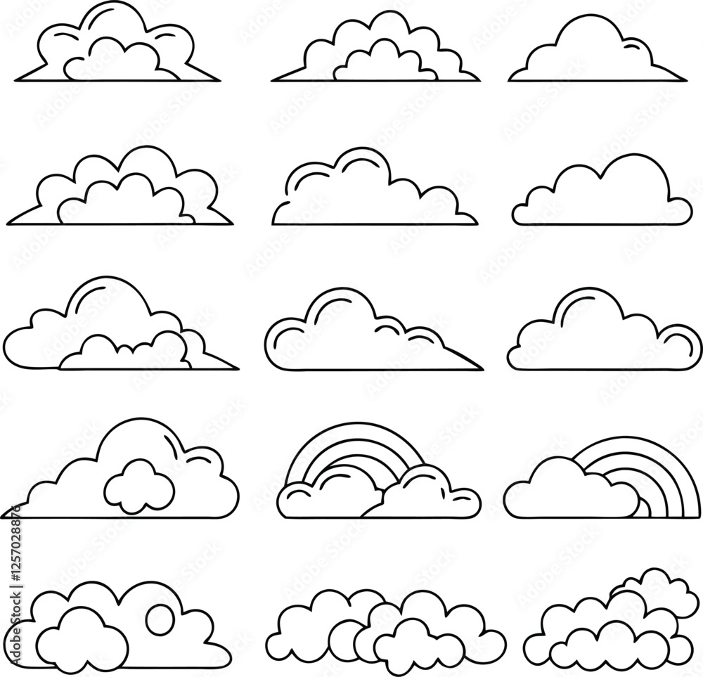 Fototapeta premium Simple Line Art Cloud Icons Weather, Nature, Sky, Design Elements