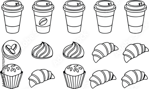 Coffee Cups, Croissants, Pastries, and Sweet Treats Line Art