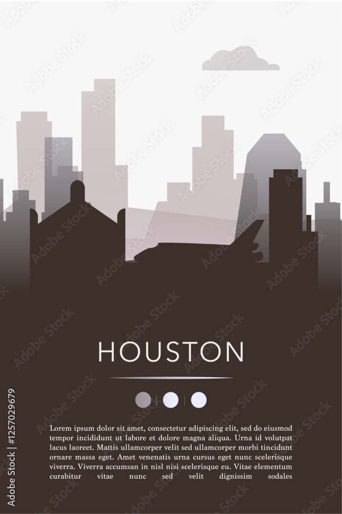 Naklejka premium Houston city template for website, presentation, front page, invitation, publication sheet with skyline, landmarks. Vector Texas, USA image layout, simple and grayscale