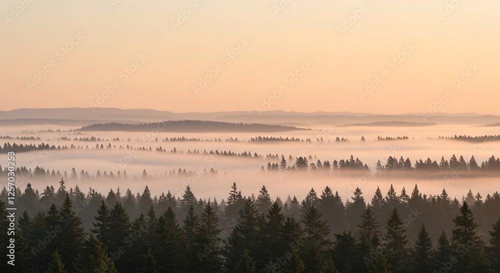 Fototapeta premium Misty Sunrise over Evergreen Forest - Serene Nature Landscape Photography