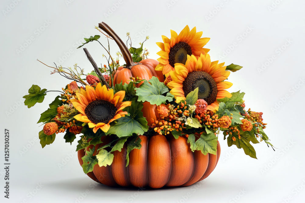 Naklejka premium Autumn harvest arrangement with white pumpkins and sunflowers, fall decorations, seasonal centerpiece, rustic decor, Thanksgiving, festive floral arrangement, fall flowers, natural textures