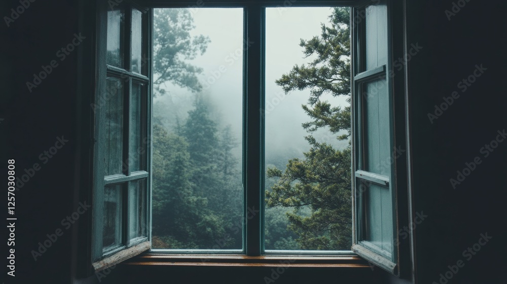 Fototapeta premium Tranquil View of Foggy Forest Through Open Window Pane