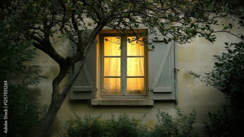 Cozy lit window framed by greenery in a peaceful garden setting