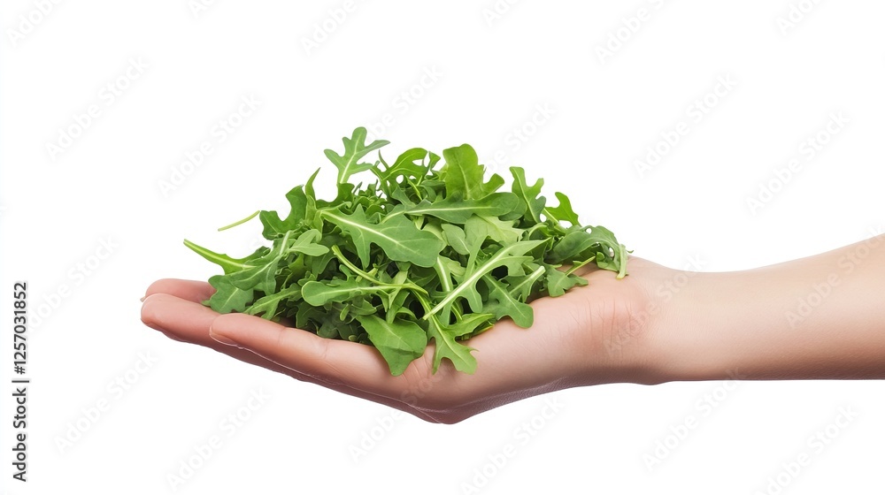 A fresh bunch of arugula leaves held in hand, isolated on a clean white background.