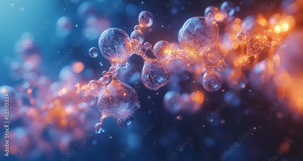 Hyperrealistic Water Molecules Illuminated Against Gradient Blue Background Surreal View of Hydrogen Models Hyperrealistic Water Molecules Illuminated Against Gradient Blue Background Surreal View of Hydrogen Models