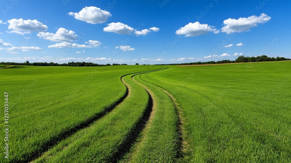 Serene Green Fields with Wandering Road Under Bright Blue Sky Serene Green Fields with Wandering Road Under Bright Blue Sky