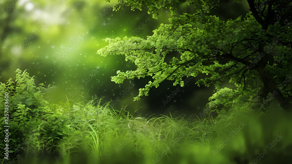 Obraz premium Scenic green landscape with trees, and a glowing sun, perfect for backgrounds.
