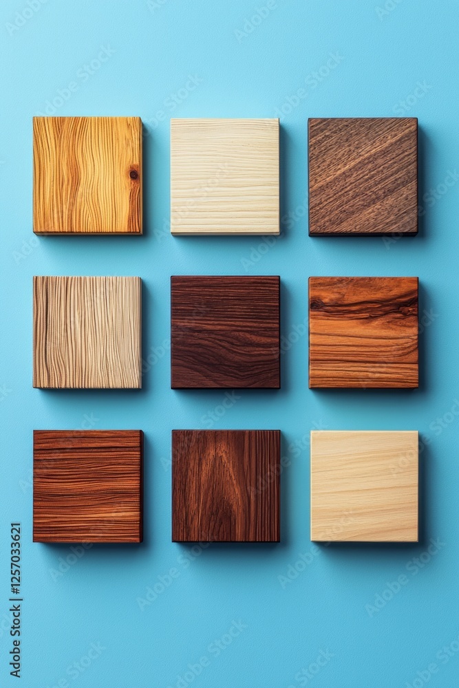 Set of square wooden samples on a blue background, flat design Set of square wooden samples on a blue background, flat design