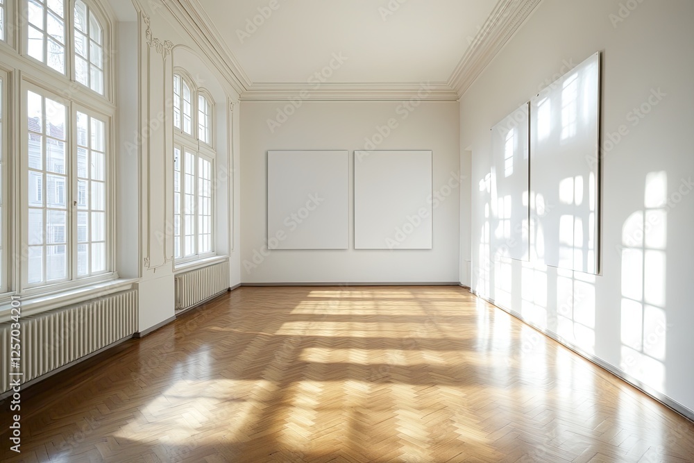 A Sunlit, Empty, Classic European Gallery Space, Radiating Tranquility and Potential. A Sunlit, Empty, Classic European Gallery Space, Radiating Tranquility and Potential.