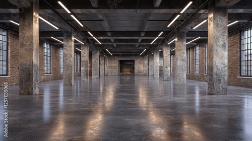 Wallpaper Mural Empty industrial loft space, polished concrete floor, city view, event venue Torontodigital.ca