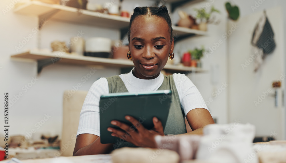 Online, browsing and woman with tablet, small business and happy for positive feedback, pottery and smile. Creative, entrepreneur and reading of review for shop, artisan and black person with app Online, browsing and woman with tablet, small business and happy for positive feedback, pottery and smile. Creative, entrepreneur and reading of review for shop, artisan and black person with app