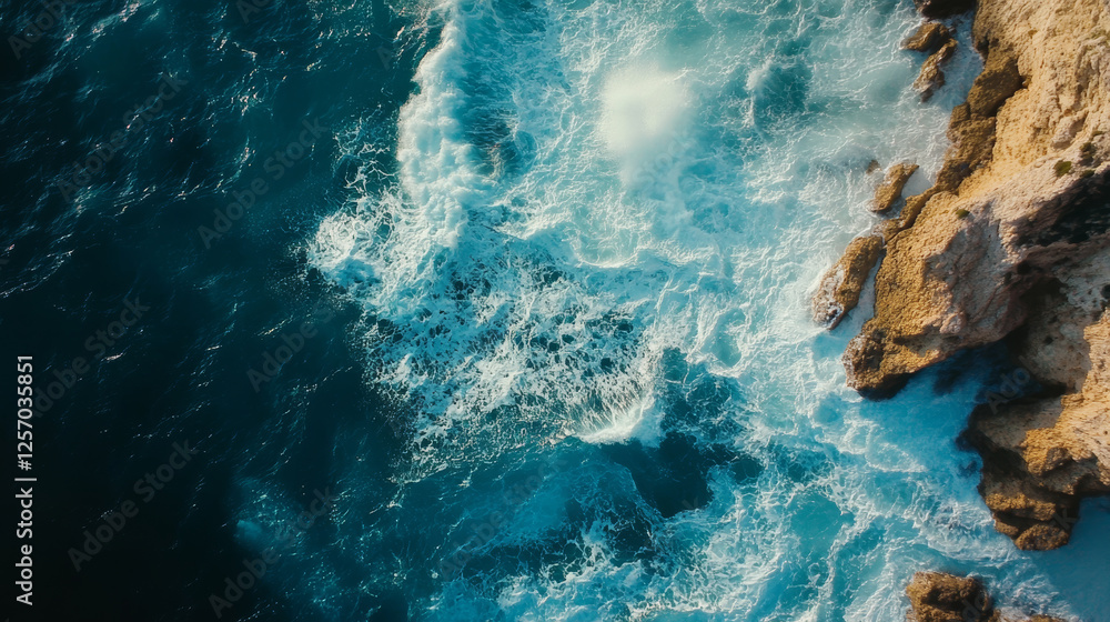 Obraz premium Waves crashing against rocky coastline ocean aerial view dramatic seascape nature's power