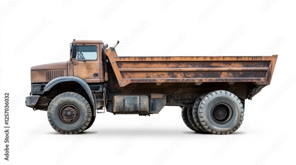 Obraz premium Rusty dump truck side view against white background. Possible use Industrial machinery, construction, or transportation stock image