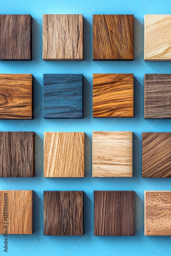 Set of square wooden samples on a blue background, flat design Set of square wooden samples on a blue background, flat design