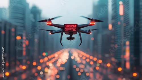 futuristic urban environment with drones flying over cityscape, showcasing advanced technology and innovation. scene captures essence of modern city life with blurred lights and tall buildings