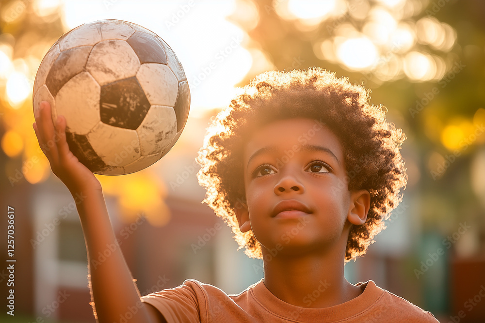 Young boy holding soccer ball at sunset looking up Young boy holding soccer ball at sunset looking up