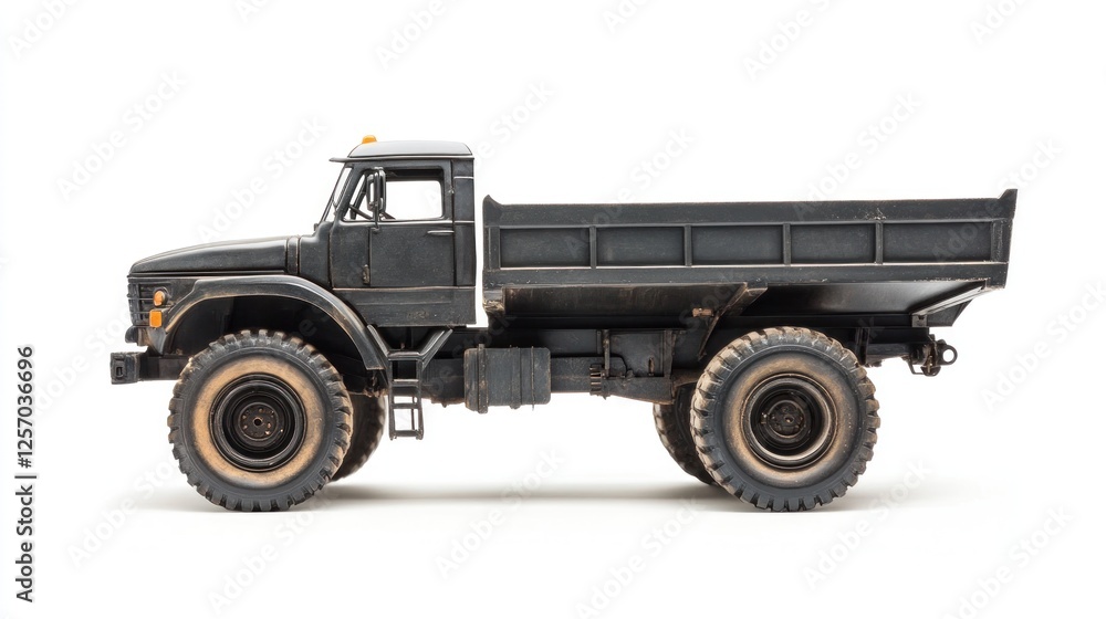 Black dump truck model, side view, white background, toy Black dump truck model, side view, white background, toy
