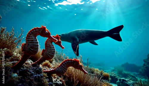 Ocean Harmony: Seahorses and Marine Life in Tranquil Underwater Scene