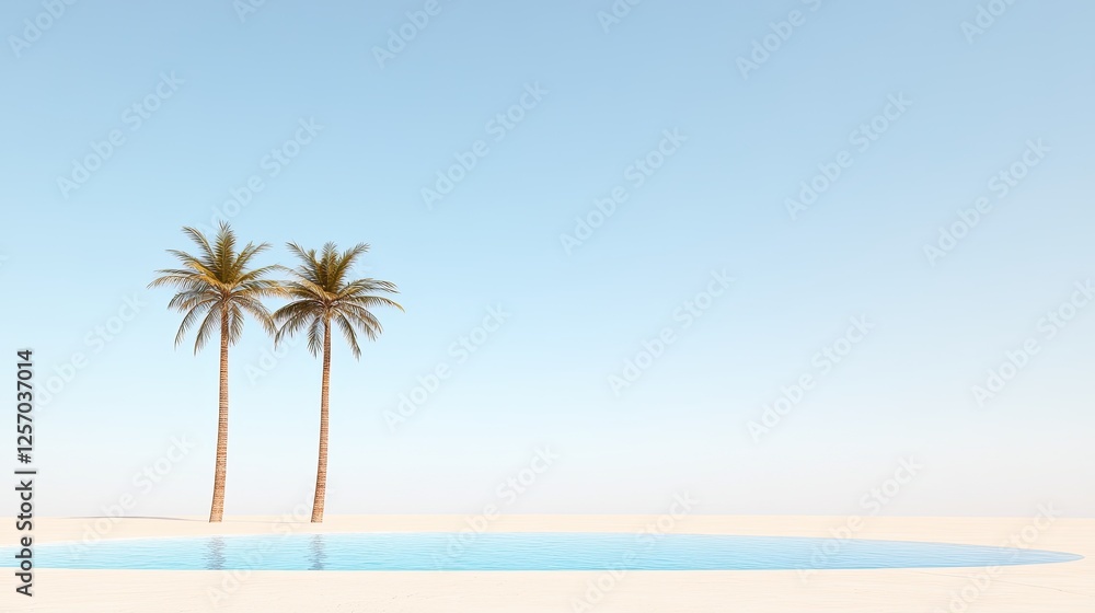 Obraz premium Serene tropical scene featuring two palm trees beside a tranquil pool under a clear sky