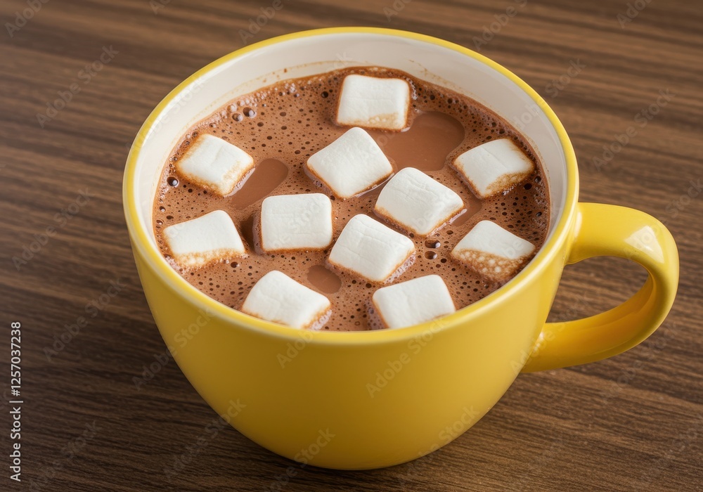a yellow ceramic mug filled with hot chocolate, topped with several marshmallows. a yellow ceramic mug filled with hot chocolate, topped with several marshmallows.