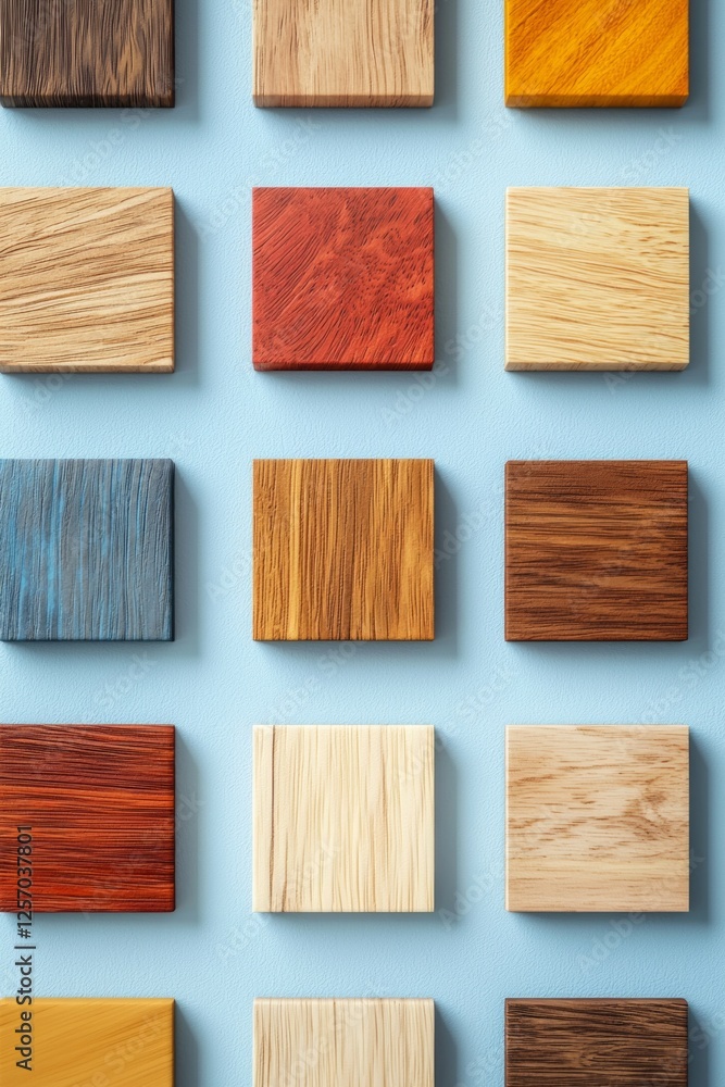 Set of square wooden samples on a blue background, flat design Set of square wooden samples on a blue background, flat design