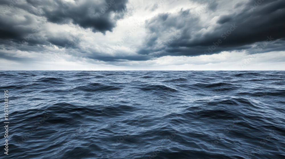 Fototapeta premium Dramatic Cloudy Sky Over Calm Dark Ocean Water Surface