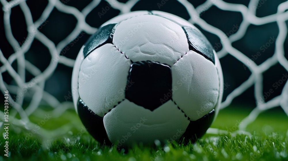 Fototapeta premium Soccer Ball in Goal Net - Close Up Shot of Victory
