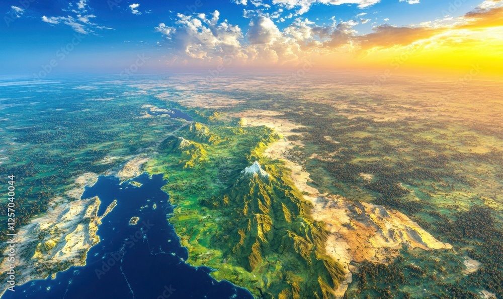Fototapeta premium Aerial view of mountain range at sunset, coastal landscape, scenic background, travel, nature