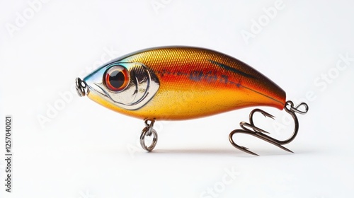 Fishing lure, gold and blue, studio shot, isolated on white background, ideal for fishing catalogs photo