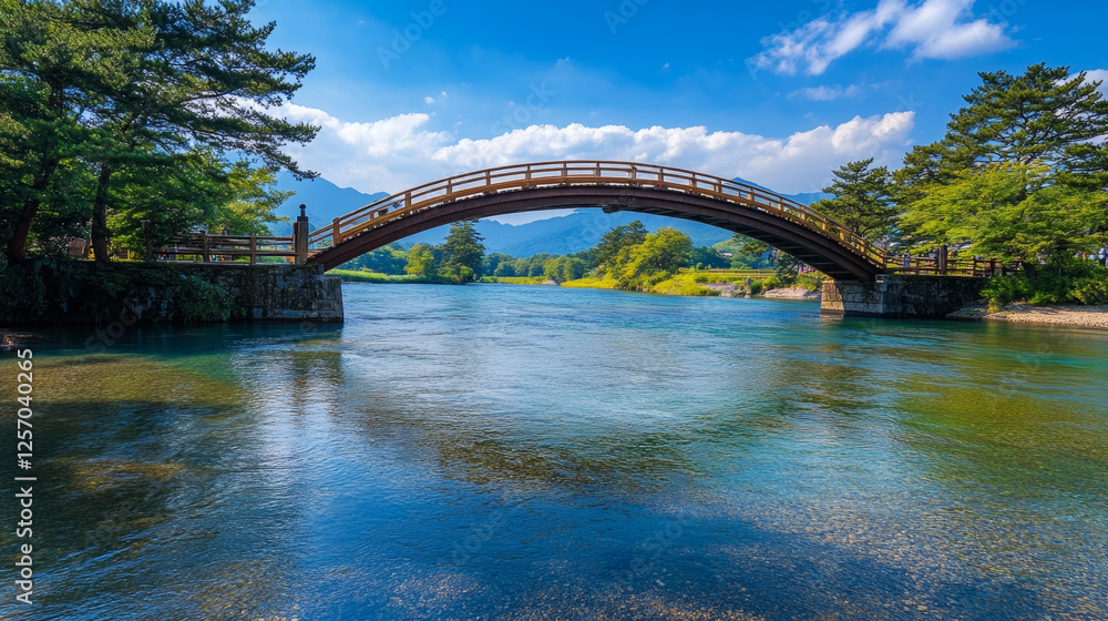 Tranquil river scene featuring a beautiful wooden bridge japanese landscape photograph serene environment wide-angle view nature's beauty Tranquil river scene featuring a beautiful wooden bridge japanese landscape photograph serene environment wide-angle view nature's beauty