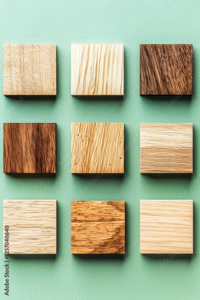 Set of square wooden samples on a green background, flat design Set of square wooden samples on a green background, flat design