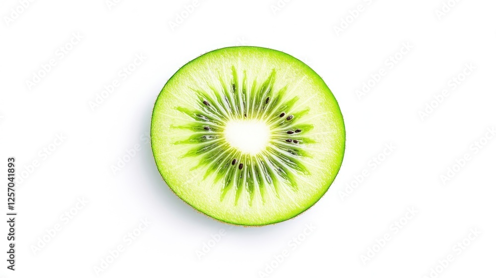 Freshly sliced kiwi fruit showcasing vibrant green flesh and black seeds on a white background Freshly sliced kiwi fruit showcasing vibrant green flesh and black seeds on a white background