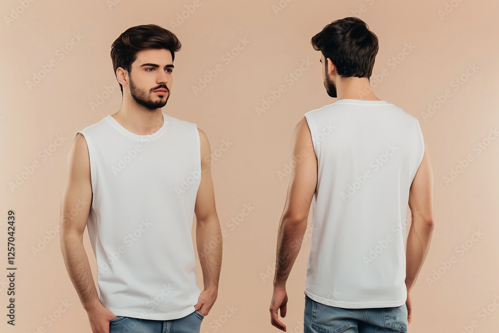 man wearing a white sleeveless t-shirt tank top mockup front and back used as a design template man wearing a white sleeveless t-shirt tank top mockup front and back used as a design template