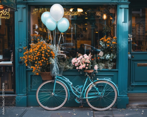 Watercolor flowers and bicycle with a basket of flowers vintage, decorated with a balloon, spring floral about love, summer background