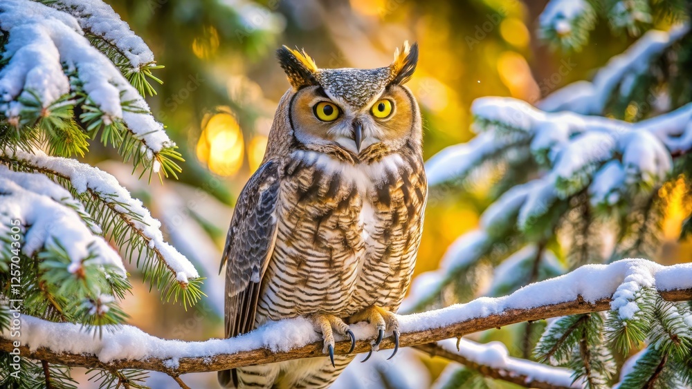 Obraz premium Majestic Owl Perched on Snow-Covered Branch in Winter Forest