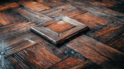 A parquet floor with a removed wooden tile and visible old glue.