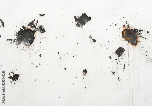 A collection of round, brown burnt marks in varying sizes and forms, creating contrast with the clean white space. photo