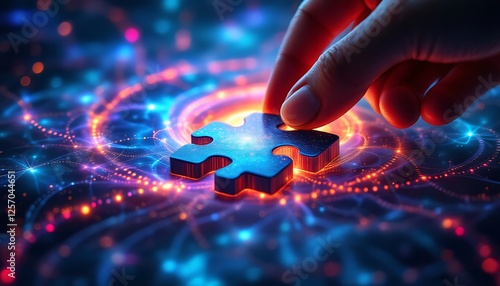 Hand Placing Puzzle Piece on Abstract Glowing Network Solution Concept