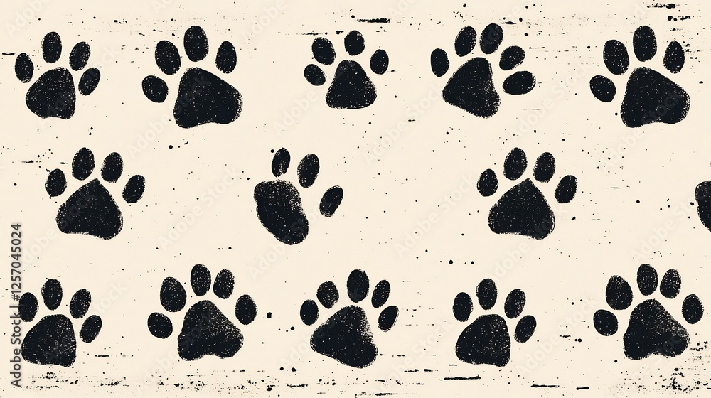 Fototapeta premium Dark paw prints playfully repeat on beige background. AI Generated