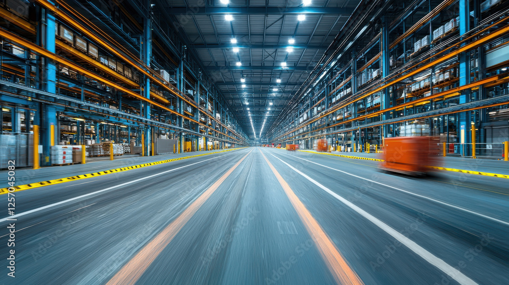 Obraz premium Large industrial warehouse with organized shelving and moving vehicles