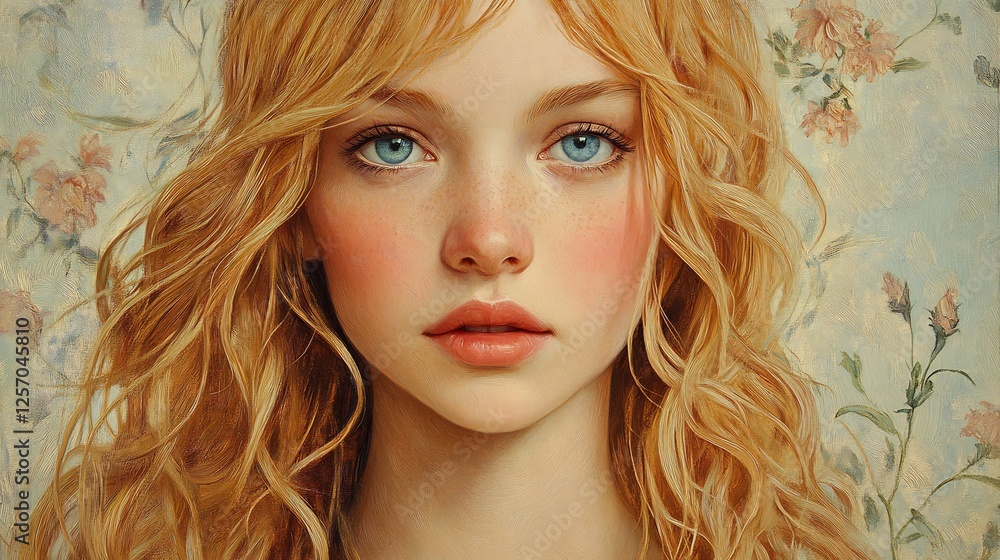 Fototapeta premium Blond woman serene portrait soft light. AI Generated