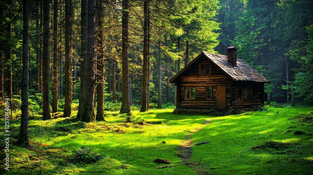 Serene Wooden Cabin Nestled Among Lush Green Forest with Sunlight Filtering Through Tall Trees Serene Wooden Cabin Nestled Among Lush Green Forest with Sunlight Filtering Through Tall Trees